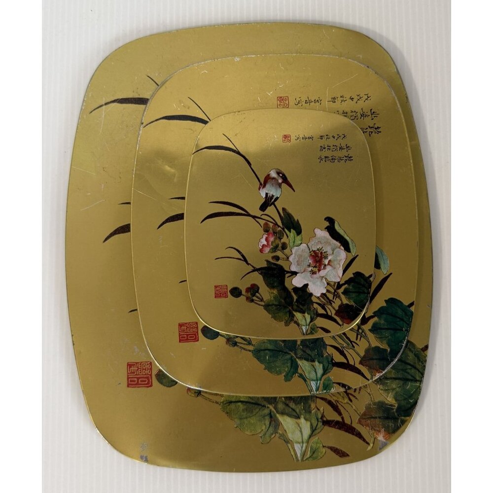 Asian Bird Floral Trivet Set of 3 Golden Serving Coaster w/Cork Back Vintage - Picture 10 of 13